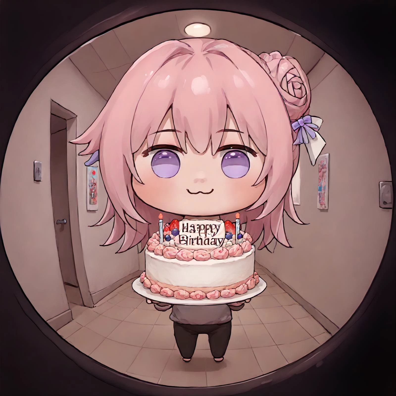 score_9, score_8_up, score_7_up BREAK masterpiece, newest, Highly detailed, zzHoldingCake, cake, birthday cake, happy birthday, fisheye, hallway, doro, creature, chibi, :3, no humans, solid circle eyes, no pupils, white skin, pink hair, purple eyes, hair bun, hair bow <lora:HoldingCakePDXL:1> <lora:doorFisheyeConceptPDXL_v10:1> <lora:Doro_X_PDXL_V1:1>