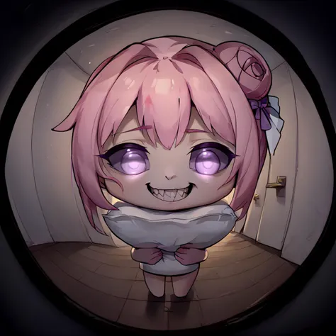 score_9, score_8_up, score_7_up, masterpiece, best quality, 1girl, solo, <lora:Scared_to_Sleep_Alone_Pony:1> scared to sleep alone, (pillow hug:1.2), <lora:doorFisheyeConceptPDXL_v10:0.8> fisheye, outdoors, hallway, <lora:Doro_X_PDXL_V1:1> doro, creature, chibi, pink hair, purple eyes, hair bun, hair bow, <lora:SoloStatueGodGrin-closrem-v2:0.8> solgo, sharp teeth, evil grin, black sclera, glowing eyes,