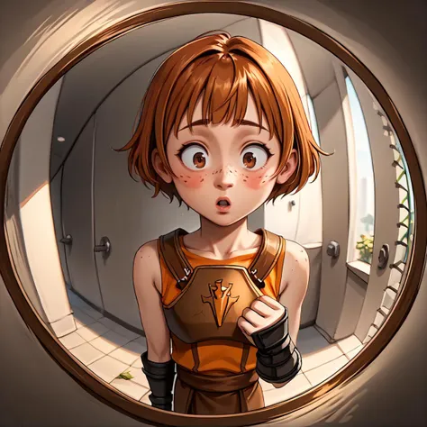 score_9, score_8_up, score_7_up, BREAK 1girl, solo, source_anime, <lora:NSDorothyFE6:1> NSDorothyFE6, freckles, brown hair, short hair, brown eyes, black fingerless gloves, armor, orange shirt, sleeveless, parted lips,  <lora:doorFisheyeConceptPDXL_v10:1> fisheye, outdoors, hallway, head tilted to the side, blush stickers, surprised, puffy cheeks