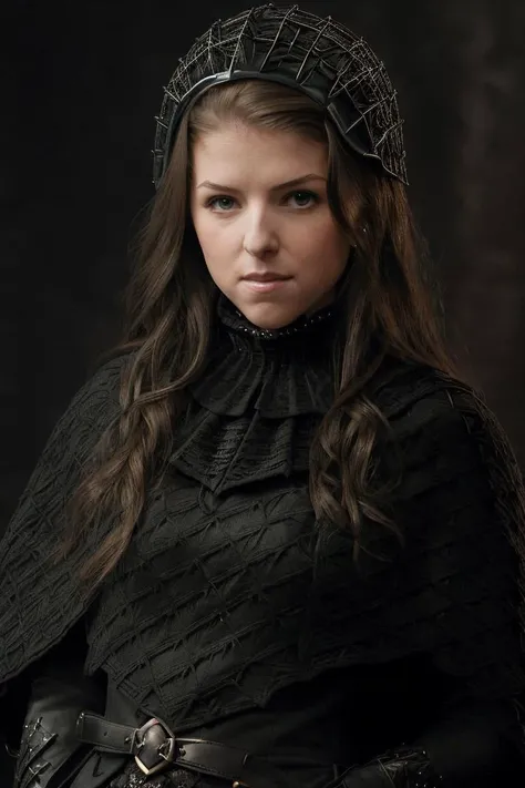 a professional (closeup portrait:1.1) photo of ankdr <lora:AnnaKendrickDogu:1> wearing armor and a gothic (helmet:1.2), black gothic armor, (intricate black poncho capelet:1.27), gold laced, black gauntlets,
inspired by dark souls