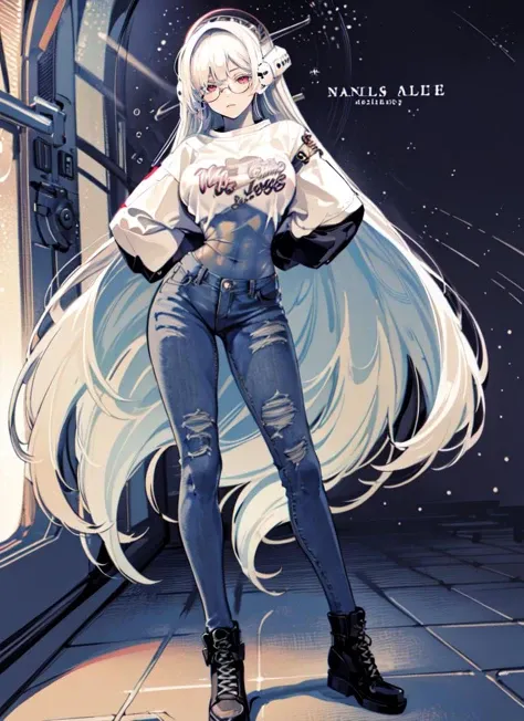 ((best quality)), ((highly detailed)), masterpiece, absurdres, detailed face, beautiful face, (detailed eyes, deep eyes), (1girl), (glasses), full body, ((<lora:pajama challenge:.8>, pajama challenge, shirt, arms behind back, ripped jeans, cross-laced footwear, space helmet)), albino, white hair, ((very long hair)), red eyes, <lora:colored_eyelashes:1>, COLORED EYELASHES, white eyelashes, very pale skin, skinny, (long legs), (inside, at a casino), <lora:reticulationnoisegradientV1:1>, reticulatingnoisegradientstyle