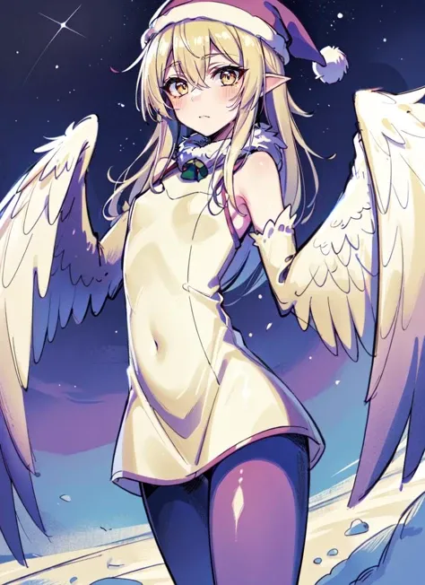 ((best quality)), ((highly detailed)), absurdres, extremely detailed face, beautiful face, (detailed eyes, deep eyes), (1girl), close-up, cowboy shot, very wide shot, ((spacesuit)), <lora:aiomonstergirls_aiov4LoraLycoris:.4>, <lora:animeHarpy_v10:1>, (harpy), violet feathers, yellow eyes, winged arms, (wings instead of hands), fur collar, bird legs, talons, small breasts, santa dress, santa hat, sleeveless, (outdoors, on a glacier, afternoon), <lora:reticulationnoisegradientV1:1>, reticulatingnoisegradientstyle
