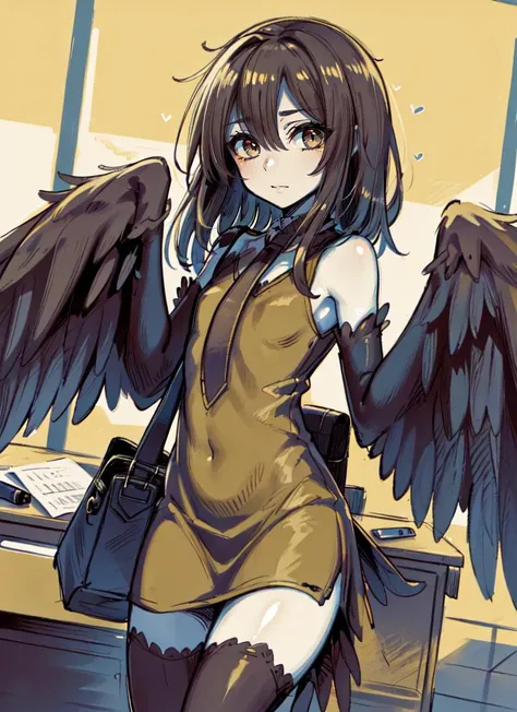 ((best quality)), ((highly detailed)), absurdres, extremely detailed face, beautiful face, (detailed eyes, deep eyes), (1girl), depth of field, cowboy shot, ((bag)), <lora:hairdetailer:.5>, <lora:aiomonstergirls_loraLocon:.8>, <lora:animeHarpy_v10:1>, (harpy), orange feathers, brown eyes, winged arms, (wings instead of hands), bird legs, talons, small breasts, (indoors, in an office, office lady, desk), <lora:reticulationnoisegradientV1:1>, reticulatingnoisegradientstyle