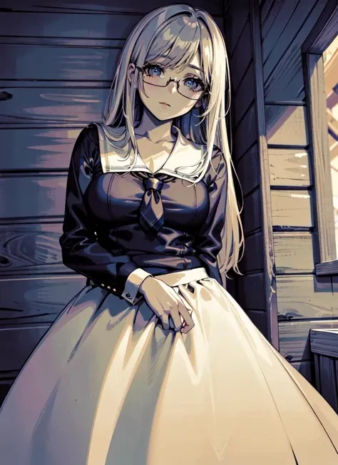 ((best quality)), ((highly detailed)), absurdres, extremely detailed face, beautiful face, (detailed eyes, deep eyes), (1girl), (glasses), arms under own breasts, schoolgirl, (inside, at a cabin), <lora:reticulationnoisegradientV1:1>, reticulatingnoisegradientstyle