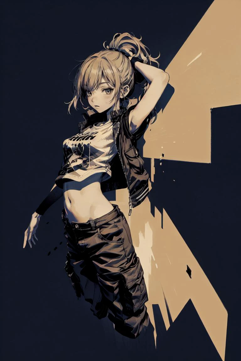 (best quality, ultra detailed), 1girl, solo, overhead shot, ponytail, zipper jacket, cropped t-shirt, cargo pants, armpit, striped background, reticulatingnoisegradientstyle, <lora:reticulationnoisegradientV1:1>