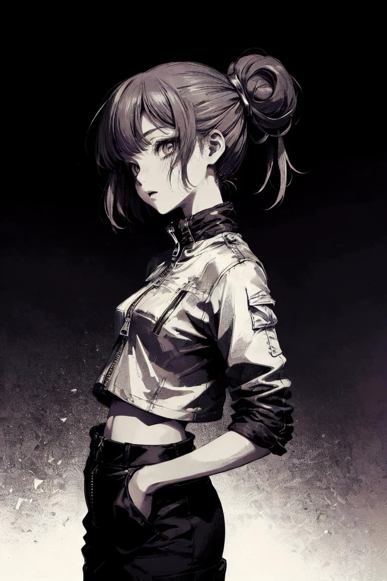 (best quality, ultra detailed), 1girl, solo, overhead shot, twisted updo, zipper jacket, cropped t-shirt, cargo pants, hands behind waist, halftone background, reticulatingnoisegradientstyle, <lora:reticulationnoisegradientV1:1>