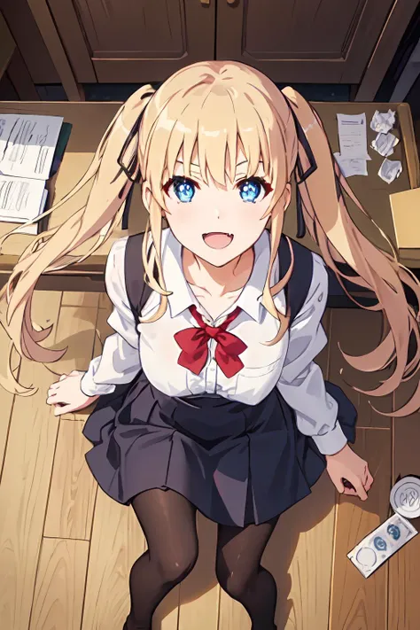 ph_eriri, 1girl, blonde hair, sawamura spencer eriri, blue eyes, twintails, open mouth, fang, smile, condom, from above, :d, black ribbon, hair ribbon, long hair, looking at viewer, condom wrapper, skirt, polka dot, solo, bangs, holding, pantyhose, parody, long sleeves, school uniform
, (masterpiece:1.6, best quality), (finely detailed beautiful eyes: 1.2),  <lora:eriri_v1.1_FB:1>