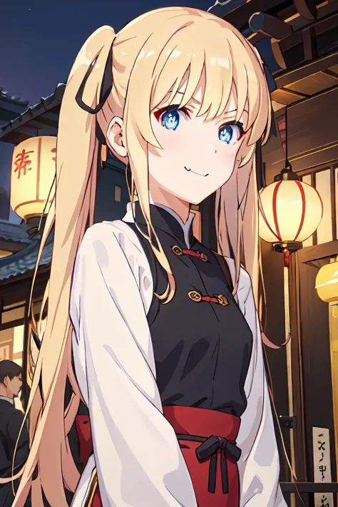 Anime girl with long blonde hair and blue eyes standing in front of a ...