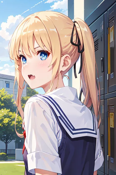 ph_eriri, sawamura spencer eriri, 1girl, blonde hair, blue eyes, school uniform, twintails, solo, fang, long hair, open mouth, hair ribbon, locker, anime coloring, parody, serafuku, blush, bangs, sweater vest, black ribbon, cloudy sky, sky, trees, (masterpiece:1.6, best quality), (finely detailed beautiful eyes: 1.2),
, (masterpiece:1.6, best quality), (finely detailed beautiful eyes: 1.2), <lora:eriri_v1.1_FB:1>