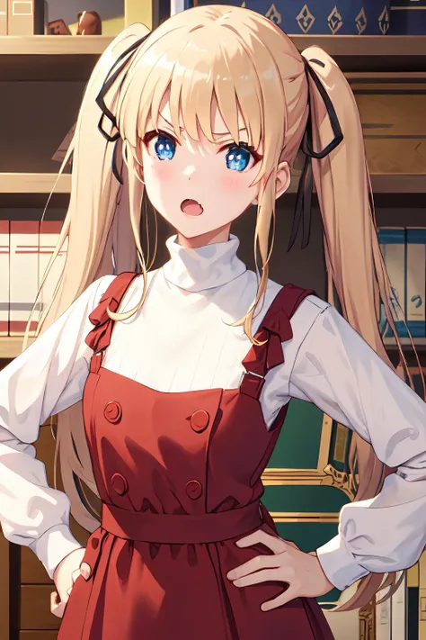 ph_eriri, sawamura spencer eriri, 1girl, blonde hair, blue eyes, twintails, open mouth, fang, solo, long hair, hand on hip, dress, blush, red dress, looking at viewer, indoss, hair ribbon, long sleeves, bangs, dutch angle, poster (object), bookshelf, book, v-shaped eyebrows, white shirt, turtleneck, shirt
, (masterpiece:1.6, best quality), (finely detailed beautiful eyes: 1.2), <lora:eriri_v1.1_FB:1>
