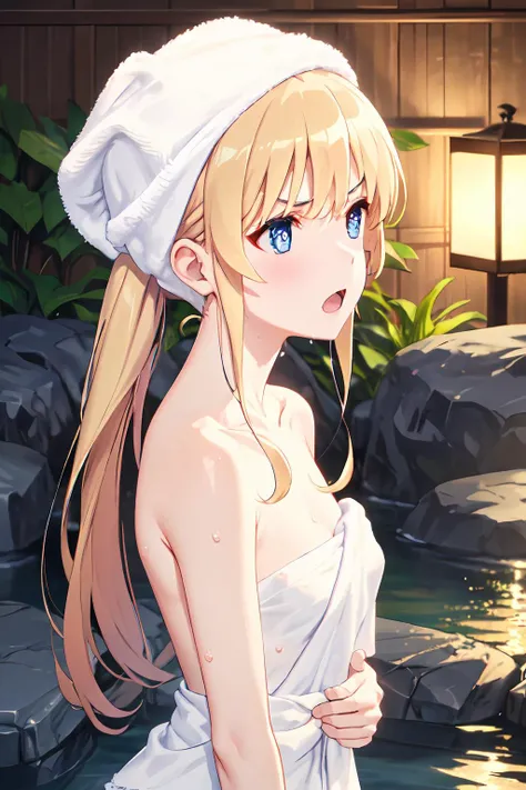 ph_eriri, 1girl, solo, blonde hair, towel on head, blue eyes, open mouth, towel, onsen, anime coloring, sidelocks, sawamura spencer eriri, wet, fang, collarbone, ot, blurry, blush, bangs, blurry background, rock, upper body, nude, v-shaped eyebrows, long hair, naked towel, bare shoulders, looking to the side, wet hair, bathing, looking away, depth of field, fence, water, bush
, (masterpiece:1.6, best quality), (finely detailed beautiful eyes: 1.2), <lora:eriri_v1.1_FB:1>