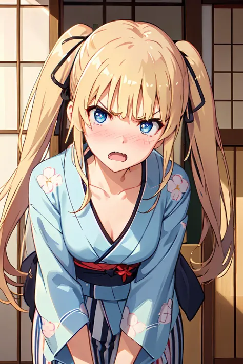 ph_eriri, sawamura spencer eriri, 1girl, solo, twintails, blonde hair, blush, open mouth, long hair, fang, hair ribbon, blue eyes, black ribbon, striped, japanese clothes, looking at viewer, sidelocks, collarbone, bangs, kimono, angry, indoss, yukata, nose blush, v-shaped eyebrows, long sleeves, embarrassed, sash, leaning forward, d:
, (masterpiece:1.6, best quality), (finely detailed beautiful eyes: 1.2), <lora:eriri_v1.1_FB:0.8>