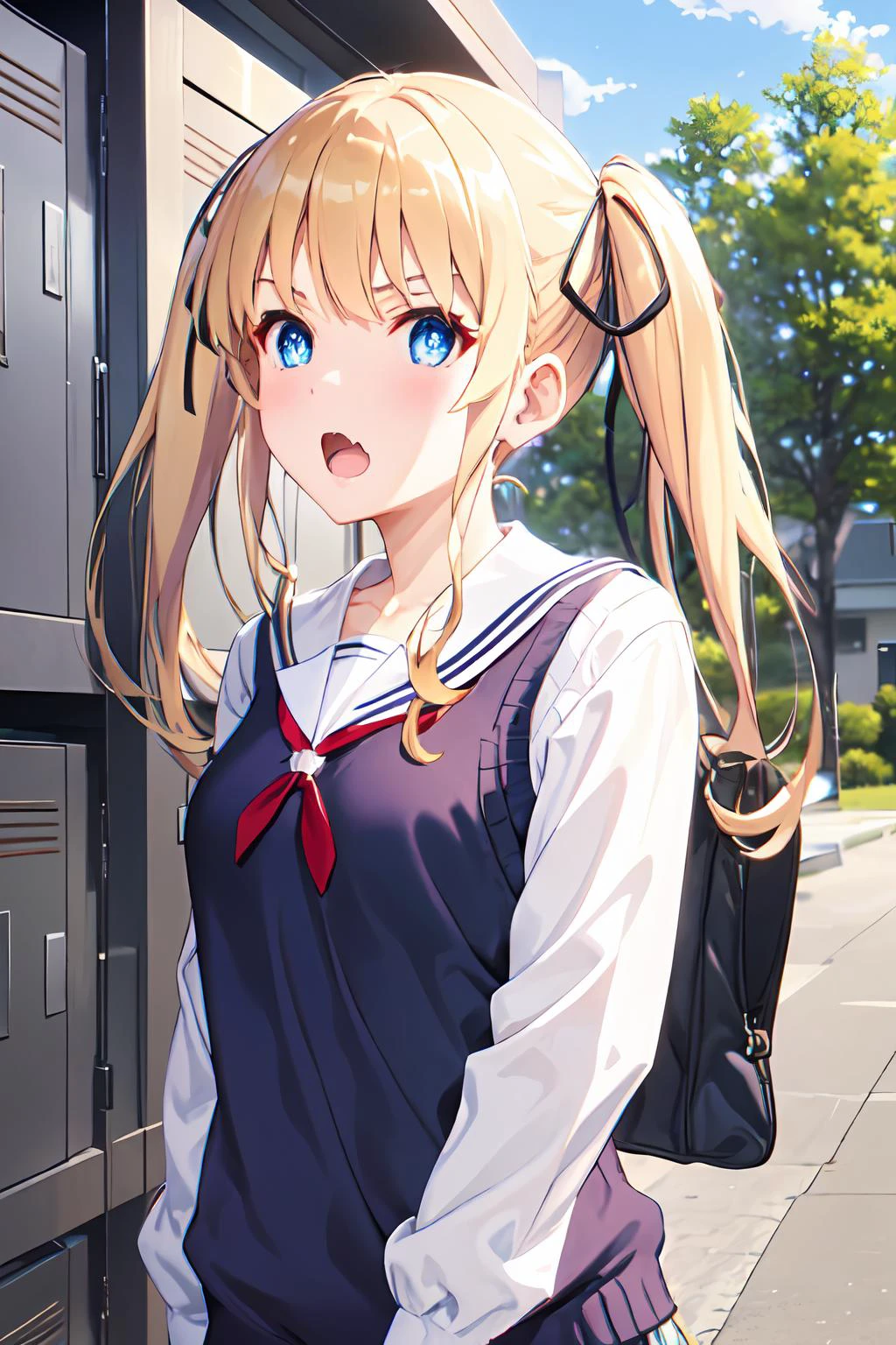 ph_eriri, sawamura spencer eriri, 1girl, blonde hair, blue eyes, school uniform, twintails, solo, fang, long hair, open mouth, hair ribbon, locker, anime coloring, parody, serafuku, blush, upper body, bangs, sweater vest, black ribbon, cloudy sky, sky, trees, full body,
, (masterpiece:1.6, best quality), (finely detailed beautiful eyes: 1.2), <lora:eriri_v1.1_FB:1>