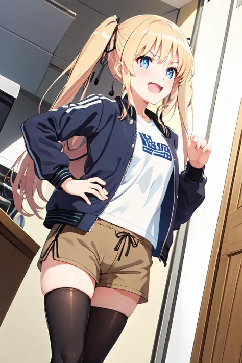 ph_eriri, 1girl, sawamura spencer eriri, solo, thighhighs, blonde hair, twintails, blue eyes, fang, long hair, shorts, open mouth, black thighhighs, smile, letterman jacket, hair ribbon, :d, jacket, hand on hip, black ribbon, indoss, brown shorts, skin fang, blush, from below
, (masterpiece:1.6, best quality), (finely detailed beautiful eyes: 1.2), <lora:eriri_v1.1_FB:1>