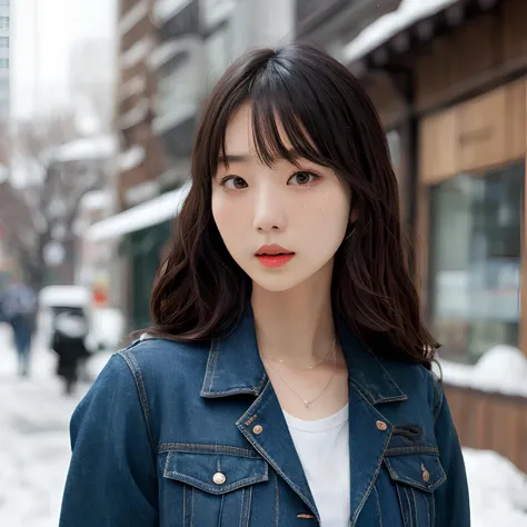 hyper realistic lifelike texture dramatic lighting unreal engine trending on art station, award winning photo, nikon RAW photo,8 k, Fujifilm XT3,masterpiece, best quality, realistic, photorealistic, ultra detailed, extremely detailed face, solo,1girl, standing, fashionable and trendy atmosphere, high-end makeup products, and a stylish expression on her face, snowing, wearing jacket outside, (upper body),