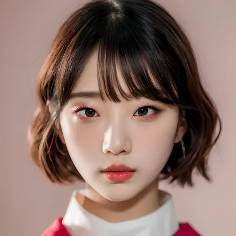 pink background, hyper realistic lifelike texture dramatic lighting unreal engine trending on art station, award winning photo, nikon RAW photo,8 k, Fujifilm XT3,masterpiece, best quality, realistic, photorealistic, ultra detailed, extremely detailed face, solo,1girl, standing, fashionable and trendy atmosphere, high-end makeup products, and a stylish expression on her face, close up, pink t-shirt, closed mouth, closed lips, looking at viewer,