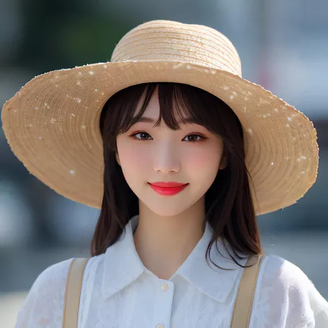 hyper realistic lifelike texture dramatic lighting unreal engine trending on art station, award winning photo, nikon RAW photo,8 k, Fujifilm XT3,masterpiece, best quality, realistic, photorealistic, ultra detailed, extremely detailed face, solo,1girl, standing, fashionable and trendy atmosphere, high-end makeup products, and a stylish expression on her face, snowing, Wearing big hat, (smile),