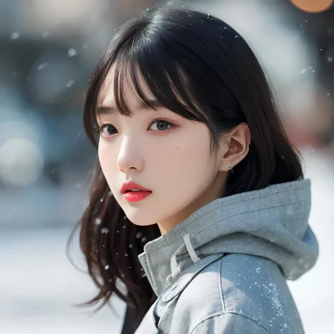 hyper realistic lifelike texture dramatic lighting unreal engine trending on art station, award winning photo, nikon RAW photo,8 k, Fujifilm XT3,masterpiece, best quality, realistic, photorealistic, ultra detailed, extremely detailed face, solo,1girl, standing, fashionable and trendy atmosphere, high-end makeup products, and a stylish expression on her face, snowing, wearing jacket outside, (upper body),