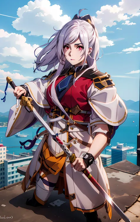 1girl, alexia_olis, blue_sky, bow, building, castle, cityscape, cloud, cloudy_sky, day, earrings, hair_bow, holding, holding_sword, holding_weapon, horizon, katana, knife, long_hair, looking_at_viewer, mountain, mountainous_horizon, ocean, outdoors, ponytail, red_eyes, sheath, sky, solo, standing, sword, thighhighs, watercraft, weapon