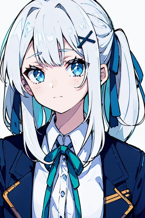 <lora:noro:0.8>1girl, solo, shirt, blue eyes, looking at viewer, white shirt, multicolored hair, jacket, upper body, white hair, collared shirt, twintails, hair ornament, x hair ornament, ribbon, streaked hair, bangs, closed mouth, braid, long hair, blue jacket, green ribbon, white background, neck ribbon