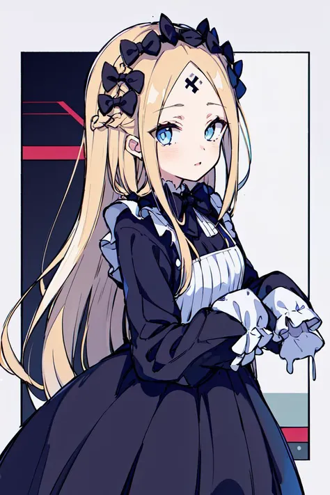 <lora:noro:0.8>1girl, abigail williams (fate), blue eyes, sleeves past fingers, long hair, blonde hair, sleeves past wrists, official alternate costume, solo, bangs, parted bangs, braid, looking at viewer, forehead, blush, dress, long sleeves, sidelocks, keyhole, black skirt, border, maid headdress, breasts, small breasts
