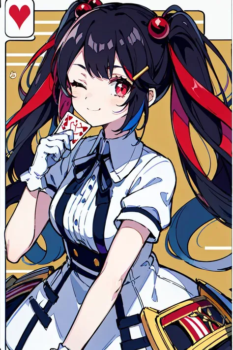 <lora:noro:0.8>1girl, split-color hair, virtual youtuber, solo, one eye closed, twintails, long hair, multicolored hair, gloves, red eyes, white gloves, hair ornament, card, dress, black hair, two-tone hair, looking at viewer, breasts, playing card, hair bobbles, white dress, streaked hair, striped dress, ribbon, red hair, bow, short sleeves