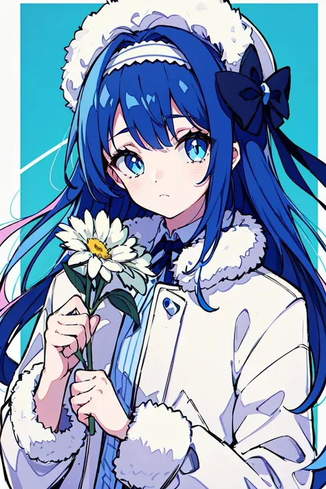 <lora:noro:0.8>1girl, solo, flower, blue hair, holding, holding flower, blue eyes, looking at viewer, hairband, hat, jacket, white flower, upper body, long sleeves, fur trim, shirt, bangs, closed mouth