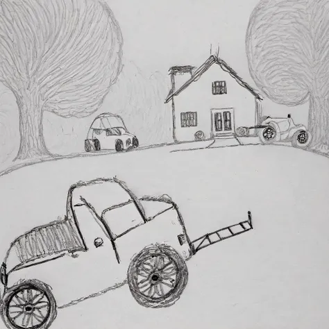 <lora:Shitty Doodle Drawings by EZG ezgdrwXLv1:1.7> , ezgdrw style, a drawing of a two story house, car in driveway with big wheels with spokes, line drawing, drawing by child