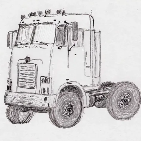 <lora:Shitty Doodle Drawings by EZG ezgdrwXLv1:1.7> , ezgdrw style, a drawing of a semi truck, cab-over, giant wheels, spokes, line drawing, drawing by child