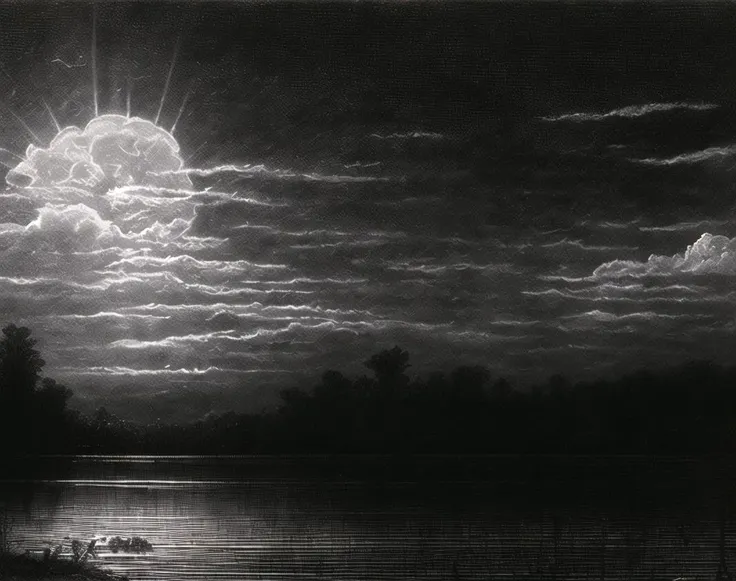 ((masterpiece)), (best quality), senery, nature, forest, trees, river shore, dark sky, cloud, <lora:EngravingsV3:0.9>, monochrome