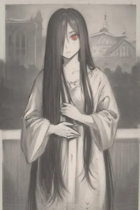 ((masterpiece)),(best quality), absurdres,sadako_yamamura,red eyes, white dress,<lora:Sadakobest:0.8>, <lora:OldengravingsWierix_v10:1>,monochrome,engraving,