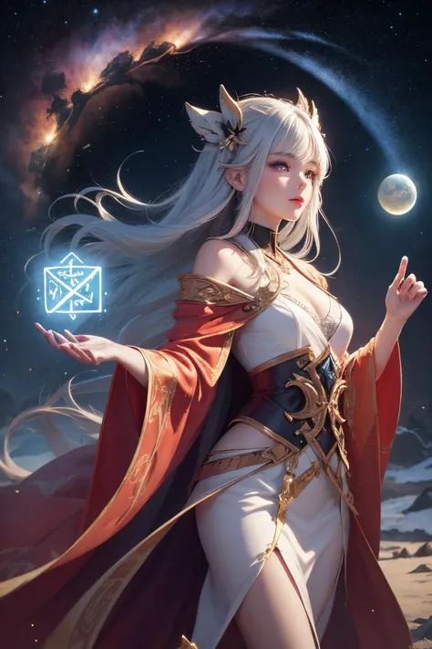 a stunningly beautiful grand astronomer, runic robes of rune script, optimism, awe
