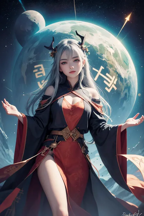 a stunningly beautiful grand astronomer, runic robes of rune script, optimism, awe