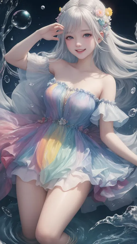 a Girl,laughing,Colorful colors,surrounded by water bubbles,in the style of Kawacy,Masterpiece,Oil painting drawn in anime style,head close - up,exaggerated perspective,Tyndall effect,water drops,mother - of - pearl iridescence,Holographic white,