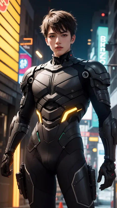RAW photo, *subject*, (high detailed skin:1.2), 8k uhd, dslr, soft lighting, high quality, film grain, neon lighting, (vibrant glow):1.2, dynamic colors, striking contrast, futuristic vibe, electric energy, reflective surfaces , cyberpunk , (1boy:1.3) , short hair , bangs , cowboy shot , biomechanical, mechanical parts , weapons , science fiction , street,