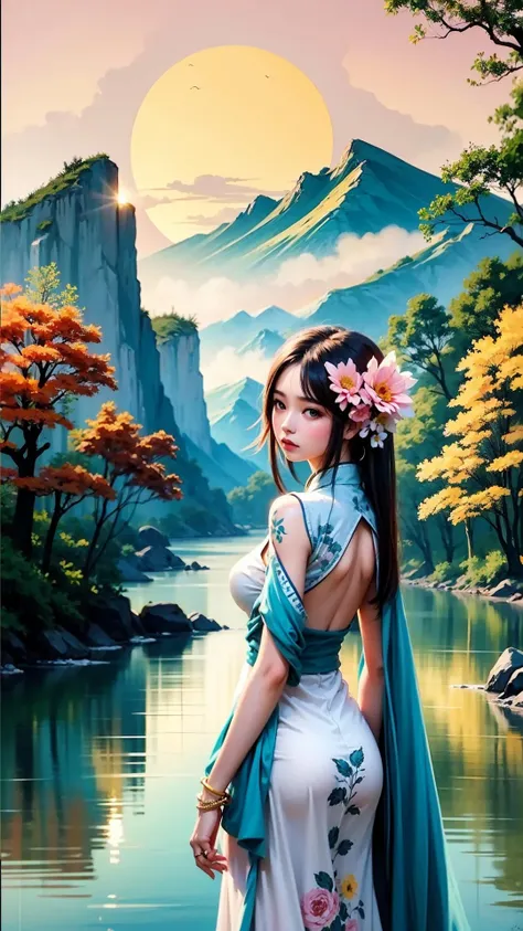 ((masterpiece)),((best quality)),1girl,traditional Chinese painting,inkwash painting,mountain,cloud,river,flower,tree,pink sun,white and yellow,traditional chinese,clouds,green and blue tone,curved white background,