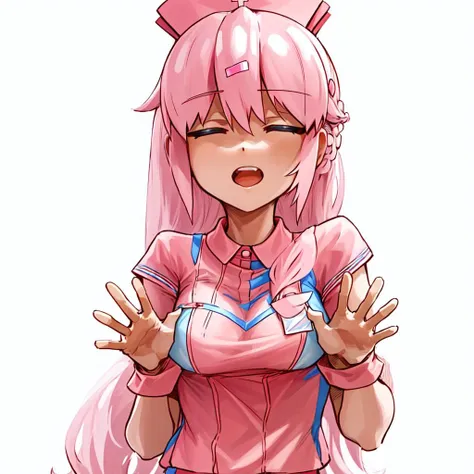 masterpiece, best quality, white background, 
a woman with long hair and a bra top is holding her hands up in front of her chest, closed eyes, 
pink hair, nurse, nurse cap,  <lora:bianca_trigger_v1:0.75>, bianca_\(clinic of horrors\),