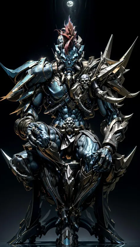(8k,best quality, masterpiece:1.2),physically-based rendering,tyndall effect,surface reflection,metallic luster,looking at viewer,Eye Level,
<lora:add_detail:1>,((Mecha:1.1)),((1boy sitting on a skull throne)),full body,solo,(glow),armor,planet,space,moon, ((blue skin)),Towering red mohican hairstyle,The body is slender
<lora:StealthMecha:0.8>, <lora:Voljin:0.6>