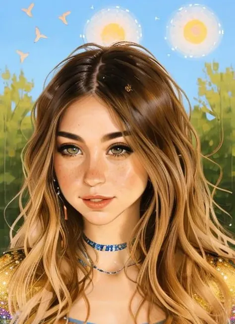 samdoesarts style photorealistic painting ((full body)) portrait of ((stunningly attractive)) a woman at a music festival, ((perfect feminine face)), (+long colorful wavy hair), (+glitter freckles), glitter, wearing a dress, intricate, 8k, highly detailed, volumetric lighting, digital painting, intense, sharp focus, art by artgerm and rutkowski and alphonse mucha, cgsociety <lora:rileyReidLora_rileyreidV15:0.75>