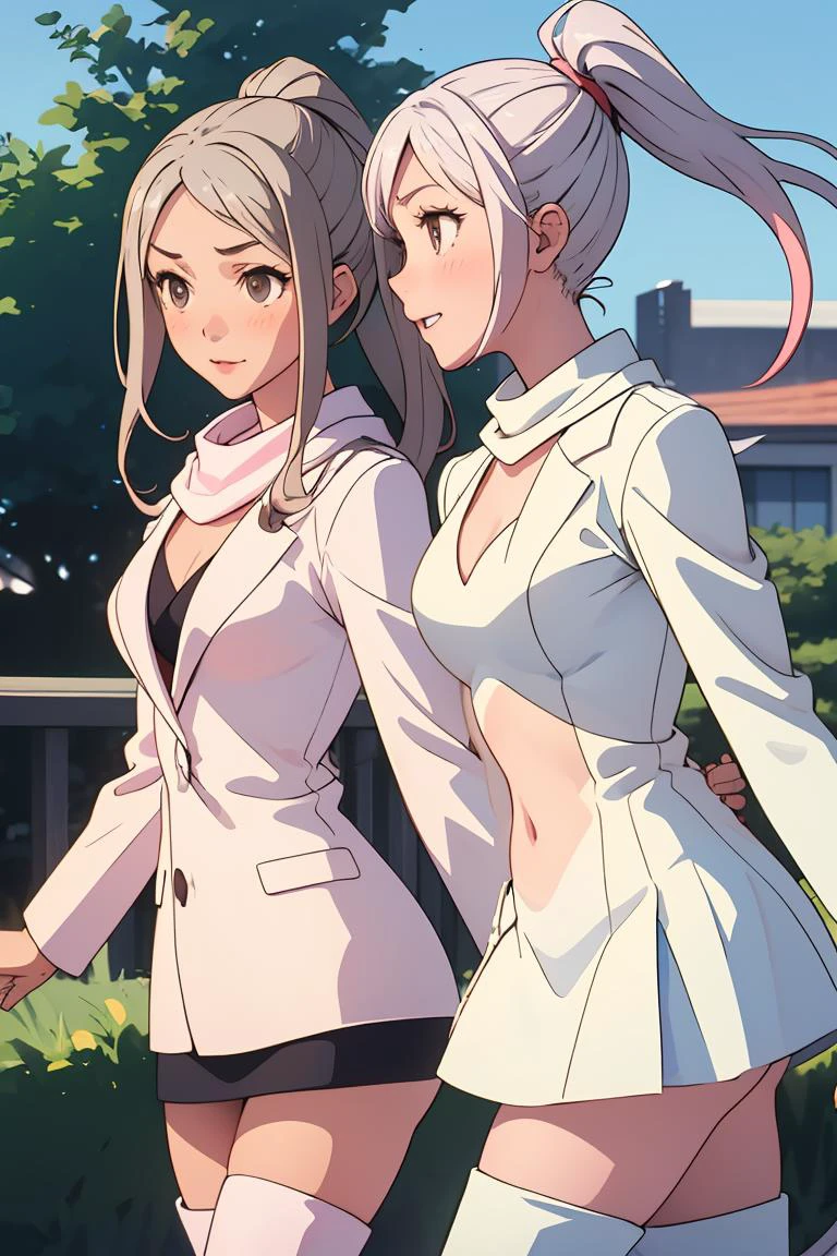 (masterpiece, best quality), 1girl, <lora:KotoneNoda:1> KotoneNoda, ponytail, white coat, white shirt, white pencil skirt, white scarf, white thigh boots, KotoneNoda, pink bikini