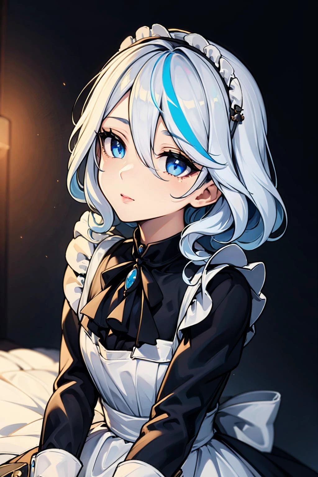 ((masterpiece)), (best quality), 1girl, vivid eyes, detailed face, atmospheric lighting,
<lora:maid_attire_v2:0.5> maid attire, black pantyhose, high heels
<lora:furlna-vA:0.7> blue eyes, blue hair, white hair, streaked hair