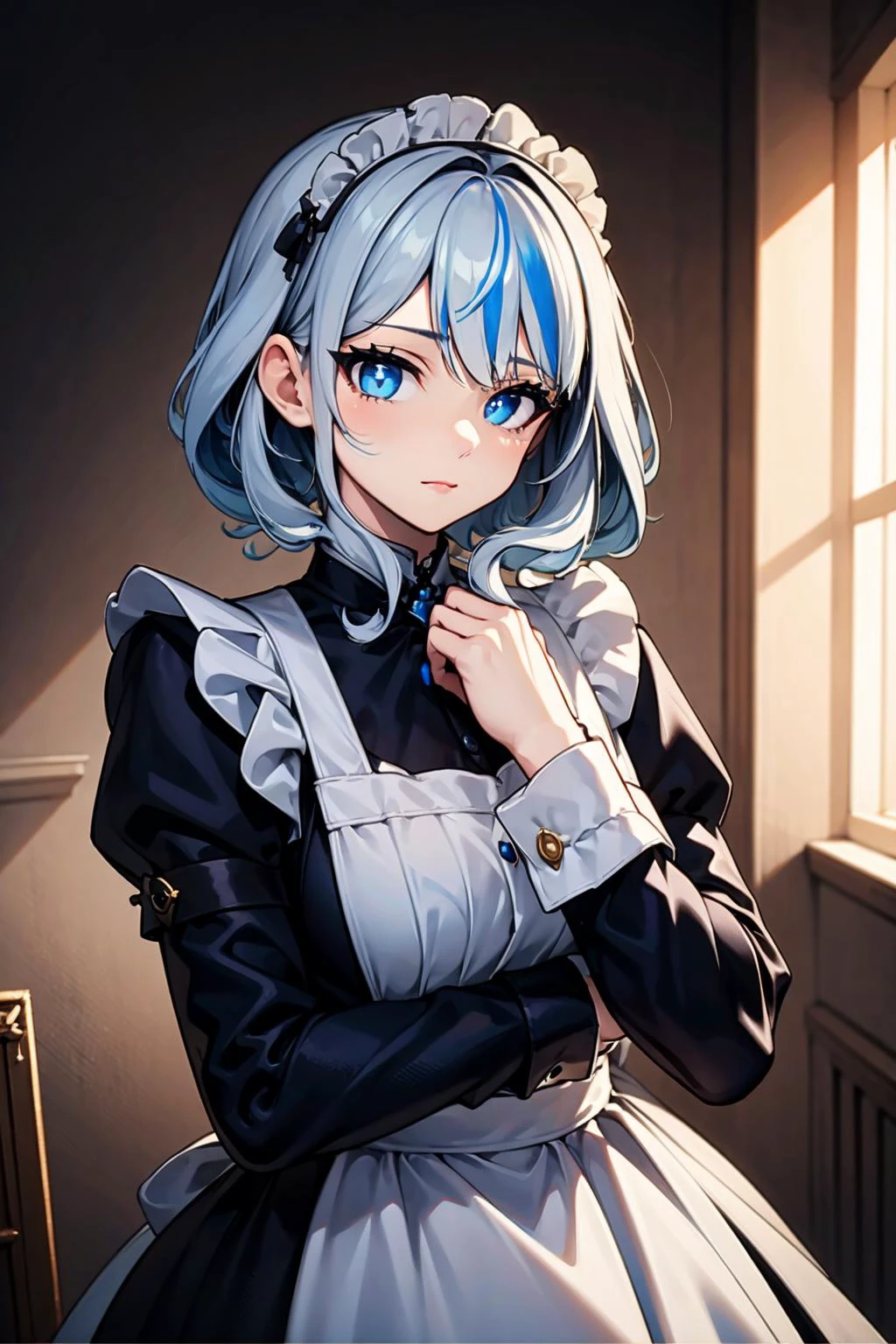((masterpiece)), (best quality), 1girl, vivid eyes, detailed face, atmospheric lighting,
<lora:maid_attire_v2:0.5> maid attire, black pantyhose, high heels
<lora:furlna-vA:0.7> blue eyes, blue hair, white hair, streaked hair