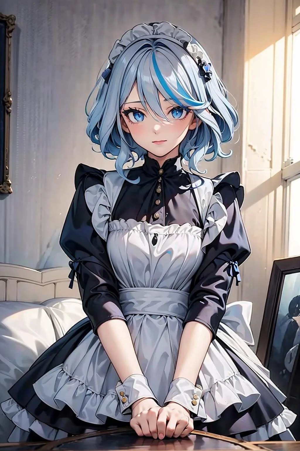 ((masterpiece)), (best quality), 1girl, vivid eyes, detailed face, atmospheric lighting,
<lora:maid_attire_v2:0.5> maid attire, black pantyhose, high heels
<lora:furlna-vA:0.8> blue eyes, blue hair, white hair, streaked hair