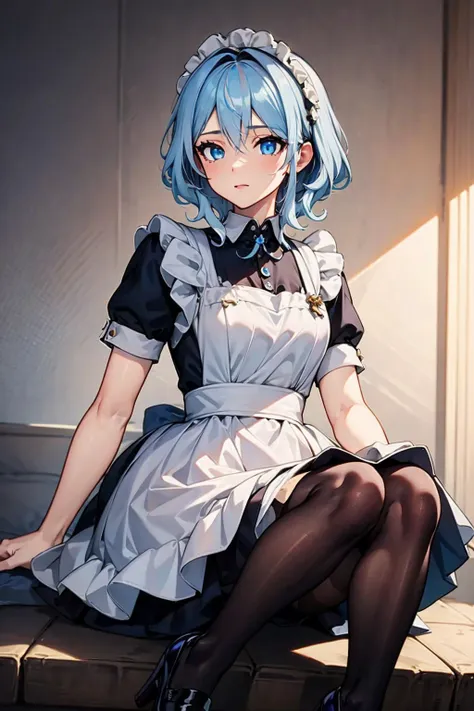 ((masterpiece)), (best quality), 1girl, vivid eyes, detailed face, atmospheric lighting,
<lora:maid_attire_v2:0.5> maid attire, black pantyhose, high heels 
<lora:furlna-vA:0.7> blue eyes, blue hair, white hair, streaked hair