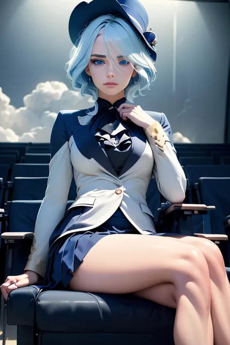 <lora:furlna-vA:0.8> blue eyes, blue hair, white hair, streaked hair, sitting in theater, hat, suit, skirt, full body, 1girl,, (masterpiece, best quality:1.4), highly detailed skin, skin pores, depth of field, atmospheric perspective, volumetric lighting, sharp focus, absurdres, realistic proportions, good anatomy, (realistic, hyperrealistic:1.4), 16k hdr,