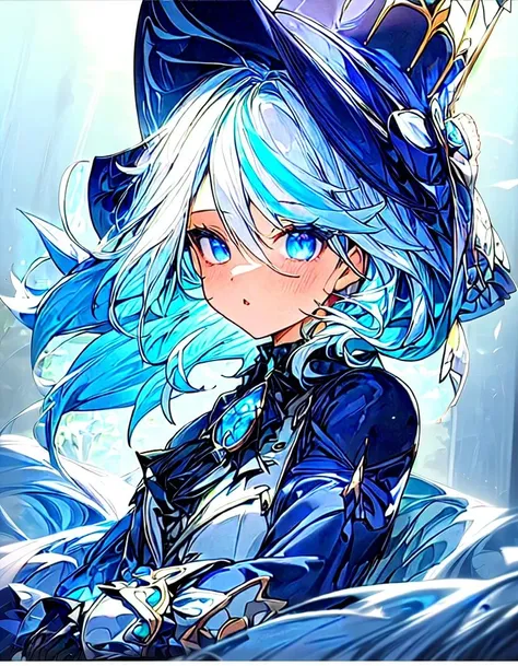 1girl posing in front of a vibrant beautiful fountain, gloves, hat, blue eyes, white gloves, blue hair, white hair, blue headwear, ahoge, black gloves, streaked hair, long sleeves, ascot, jewelry, brooch, black headwear, frills,, (masterpiece, richly-detailed), ultra sharp, <lora:furlna-vA:0.9>, front view, ((sharp focus, blue hair, white hair, streaked hair, detailed blue eyes, solo, backlighting, light reflection, French theme, vibrant light, sunny)), official art, (best quality, ultra detailed), looking at viewer, (alluring, confident, vibrant , majestic, 4K quality), anime style, official wallpaper, arrogant, open mouth, <lora:add_detail:0.8>, multiple views, multicolored background, whole body focus.