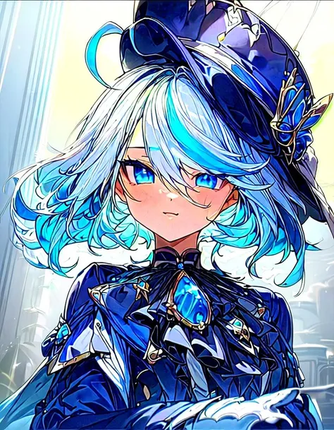 1girl posing in front of a vibrant beautiful fountain, gloves, hat, blue eyes, white gloves, blue hair, white hair, blue headwear, ahoge, black gloves, streaked hair, long sleeves, ascot, jewelry, brooch, black headwear, frills,, (masterpiece, richly-detailed), ultra sharp, <lora:furlna-vA:0.9>, front view, ((sharp focus,  blue hair, white hair, streaked hair, detailed blue eyes,  solo, backlighting, light reflection, French theme, vibrant light, sunny)), official art,  (best quality, ultra detailed), looking at viewer, (alluring, confident, vibrant , majestic, 4K quality), anime style, official wallpaper,  arrogant, open mouth,  <lora:add_detail:0.8>, multiple views, multicolored background, whole body focus.