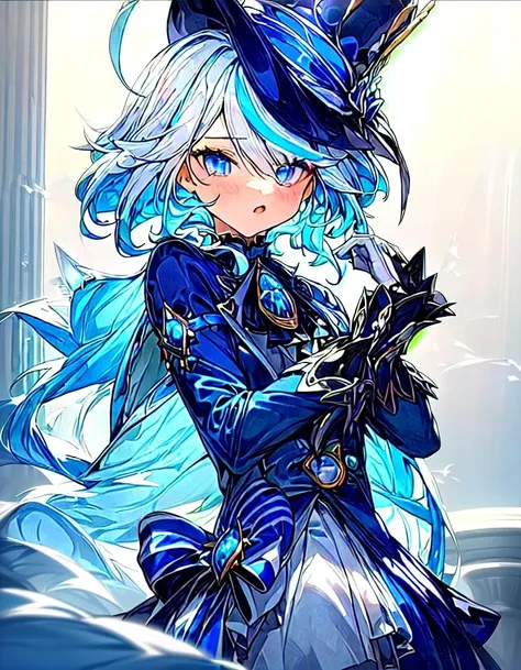1girl posing in front of a vibrant beautiful fountain, gloves, hat, blue eyes, white gloves, blue hair, white hair, blue headwear, ahoge, black gloves, streaked hair, long sleeves, ascot, jewelry, brooch, black headwear, frills,, (masterpiece, richly-detailed), ultra sharp, <lora:furlna-vA:0.9>, front view, ((sharp focus, blue hair, white hair, streaked hair, detailed blue eyes, solo, backlighting, light reflection, French theme, vibrant light, sunny)), official art, (best quality, ultra detailed), looking at viewer, (alluring, confident, vibrant , majestic, 4K quality), anime style, official wallpaper, arrogant, open mouth, <lora:add_detail:0.8>, multiple views, multicolored background, whole body focus.