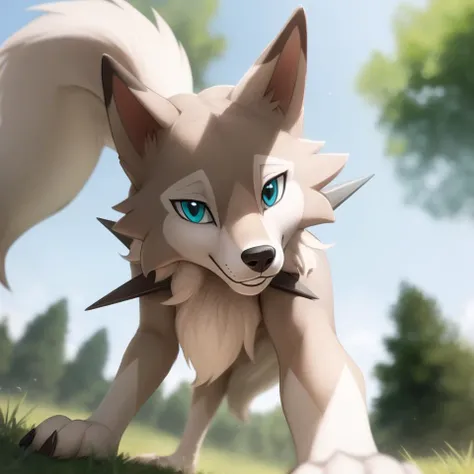 (best quality, masterpiece:1), solo, furry female feral midday-lycanroc, pokemon, stretching, black neck spikes, bald, all fours, low-angle view, from below, tail, wide-eyed, smile, closed mouth, looking at viewer, (outdoors grass field trees blurry blurred background:1.1), <lora:midday-lycanroc-v1:1>