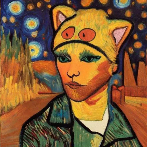 masterpiece (cat-girl) in the style of van gogh's starry night  <lora:Spriggan:1.0> <lora:xl_more_art-full_v1:0.5>  <lora:furryVixens_v20:0.8>  (anthro:1.2), fluffy, snout, gynomorph